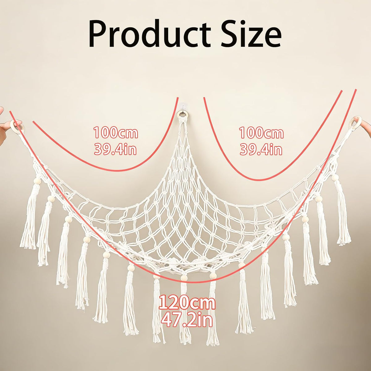 Large Stuffed Animal Hammock, Plush Toy Storage Net for Kids Room, Nursery & Bedroom Organizer with Wooden Rings