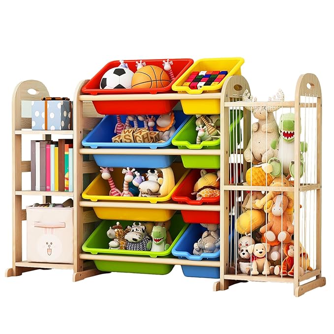 Toy Storage Organizer, Toy Organizers and Storage with Stuffed Animal Storage, Kids Toy Storage Shelf with 3 Shelves 8 Storage Bins, Kids Bookshelf, Toy Holder for Playrooms, Bedrooms, Multi Color