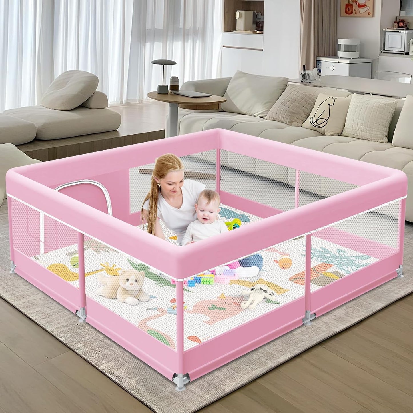 XVISHX Baby Playpen 50 x 50 Inch Play Pen Playards, Playpen for Babies and Toddlers, Baby Playard for Indoor & Outdoor Active Center Game Fence, with Skin-Friendly Fabric and Soft Breathable Mesh Grey