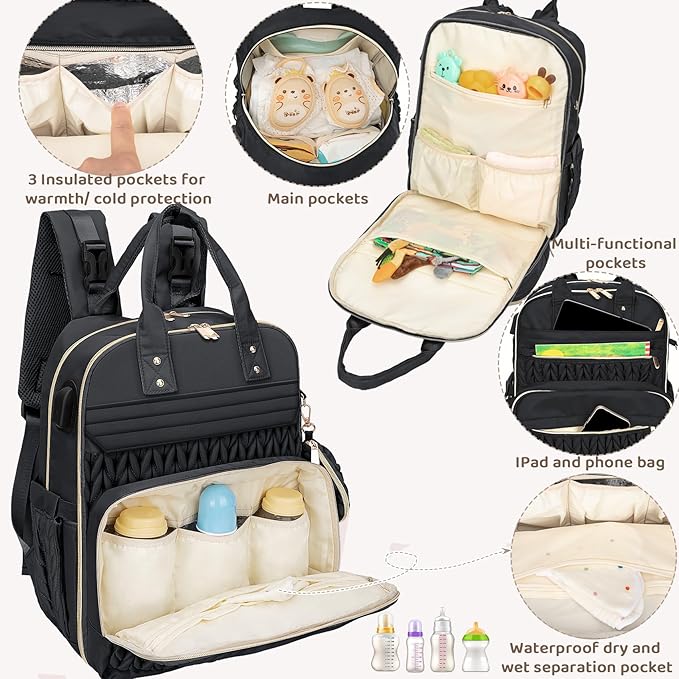 CandyHome Diaper Bag Backpack, Waterproof Stylish Baby Bag with Changing Pad, Large Capacity Travel Essentials Baby Diaper Bag with USB Port, Stroller Straps & Pacifier Case (Black)