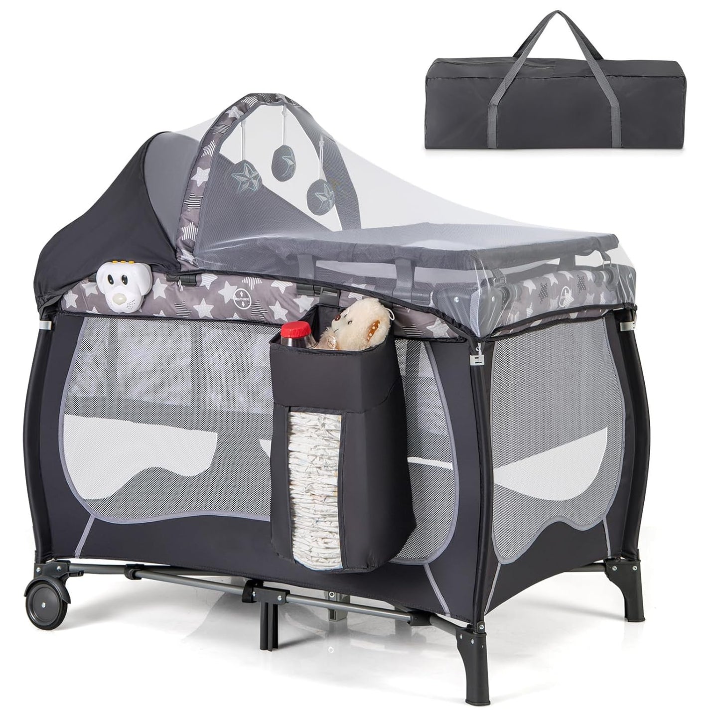 HONEY JOY Pack and Play with Bassinet, 4-in-1 Portable Baby Playard with Changing Table, Net & Cute Toys, Diaper Storage Bag, Music Box, Wheels with Brake, Foldable Newborn Play Yard w/Carry Bag