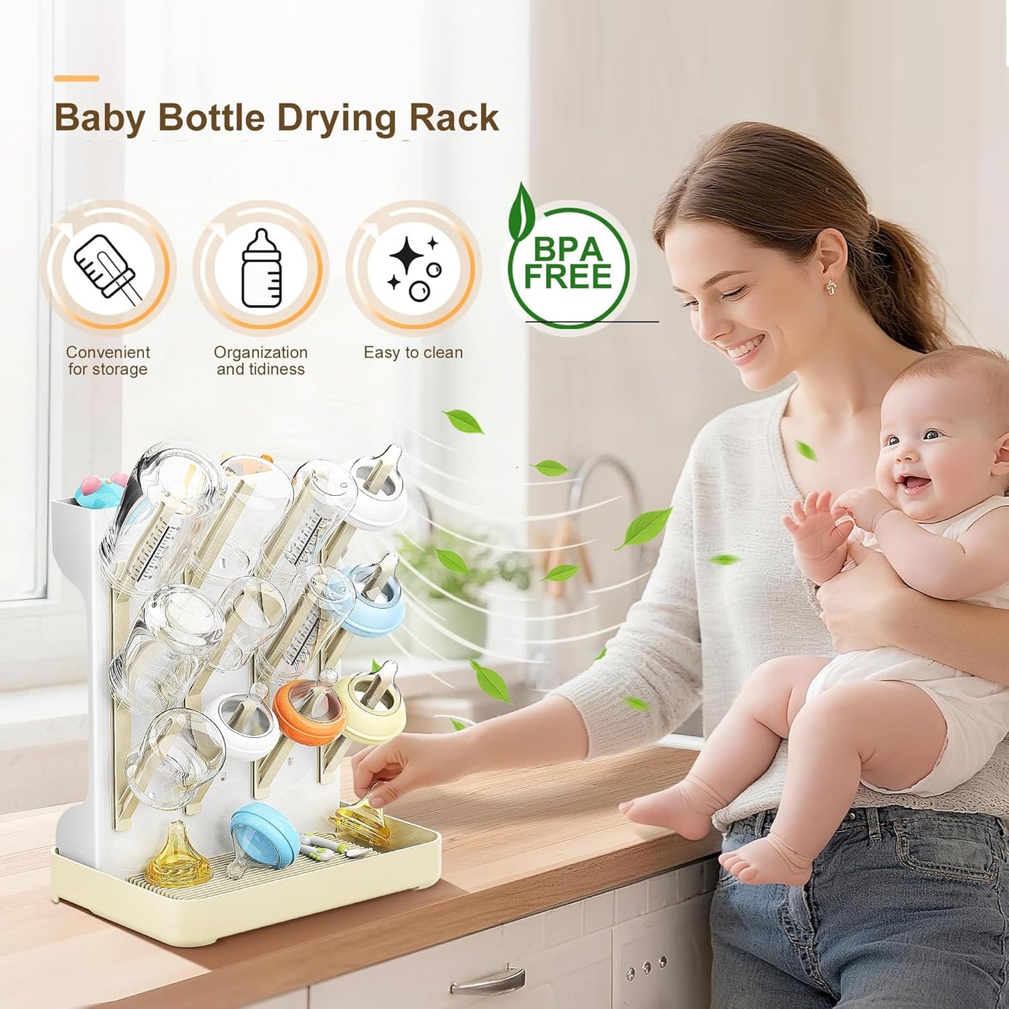 Baby Bottle Drying Rack: Vertical Space Saving Countertop Drying Rack - BPA-Free Baby Accessories Storage Stand Organize Brushes Pacifiers on Countertop - Elegant Grey