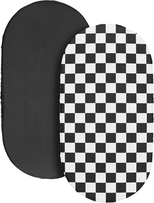 Sweet Jojo Designs 2-Piece Baby Bassinet Sheets Set (Black/White Gingham Checkered Plaid) for Boy/Girl, Infant Newborn Nursery, Oval, Rectangle & Hourglass Mattress (Solid Onyx & Classic Checkerboard)