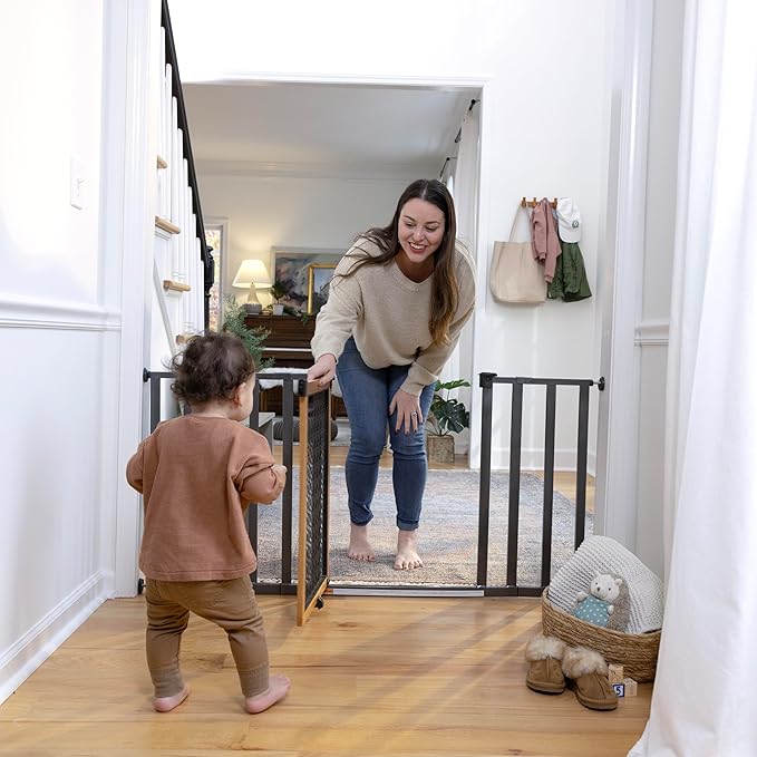 Ingenuity Ingenuity Thruway 60XW Series Extra Wide Safety Pet&Baby Gate,30"-60" Wide,26" Tall,Pressure or Hardware Mounted,Install Wall to Wall in Doorway or Stairway–Honey Oak Stained Wood&Metal