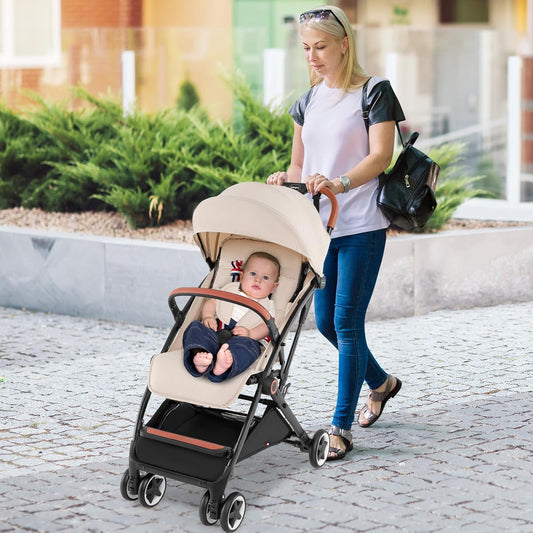 HONEY JOY Travel Stroller, One-Hand Quick Fold Lightweight Umbrella Stroller for Airplane, Wrist Wrap & Net, Multi-Position Recline, Overhead Friendly Compact Stroller for Newborn and Toddler(Gray)