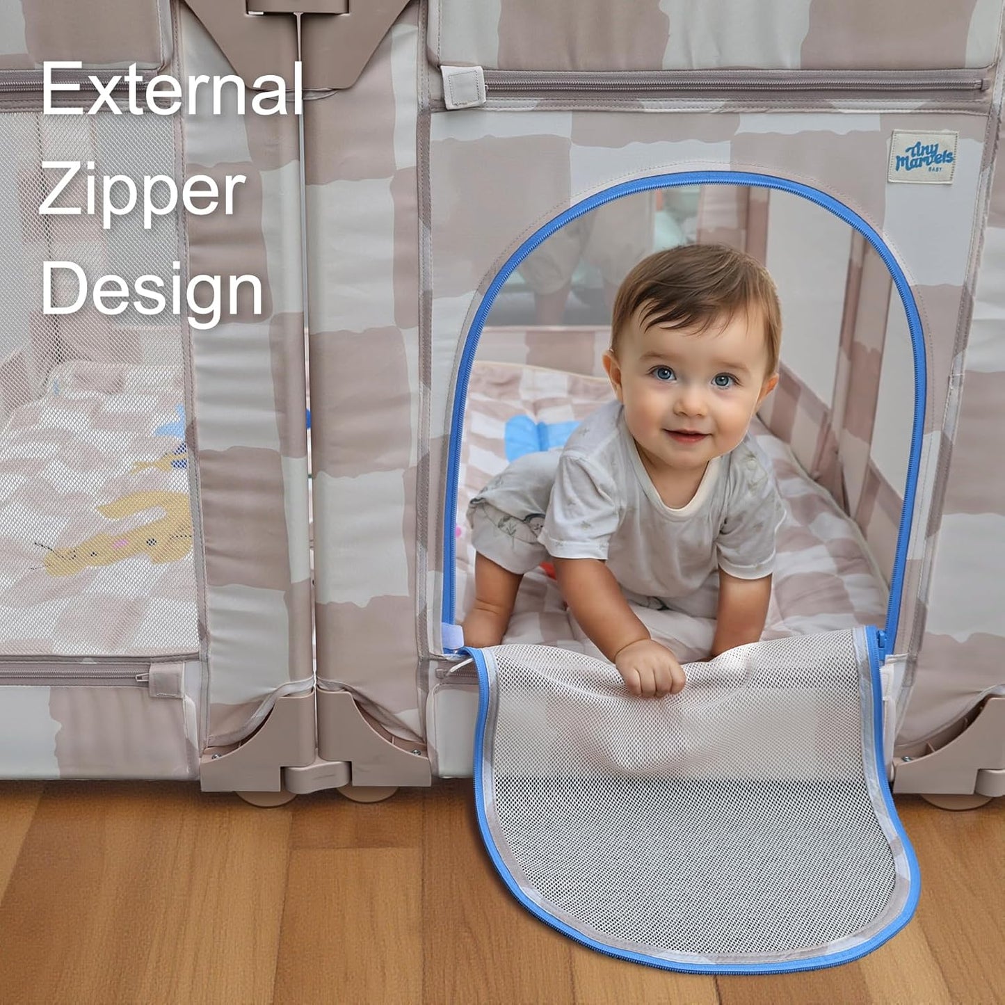 Baby Playpen for Babies and Toddlers, Upgraded 50x50 Inch Foldable No Assembly Required Play Yard with Breathable Mesh, Safe Playard with Gate, Indoor & Outdoor Infants Play Pen (1pc-Sand Checks)