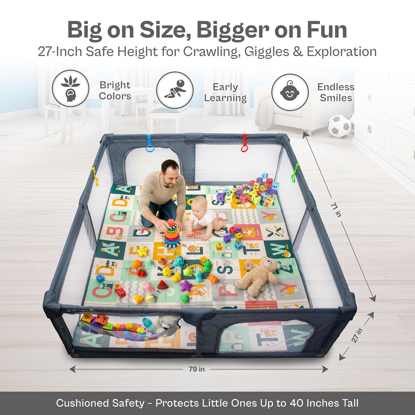 Baby Playpen 71x59 Inch Large Playpen for Babies and Toddlers Baby Playard with Zipper Gates Safety Fence Play Pen Play Yard with Soft Breathable Mesh Indoor & Outdoor Kids Activity Center Dark Gray