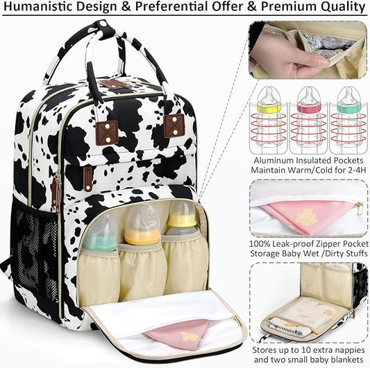 Tenot Diaper Bag Backpack for Women with Changing Pad, Baby Bag with Insulated Pockets Multifunctional Diaper Bags For Baby Girl Boy Waterproof Baby Bags For Boys Girls Maternity Bag Cow Print