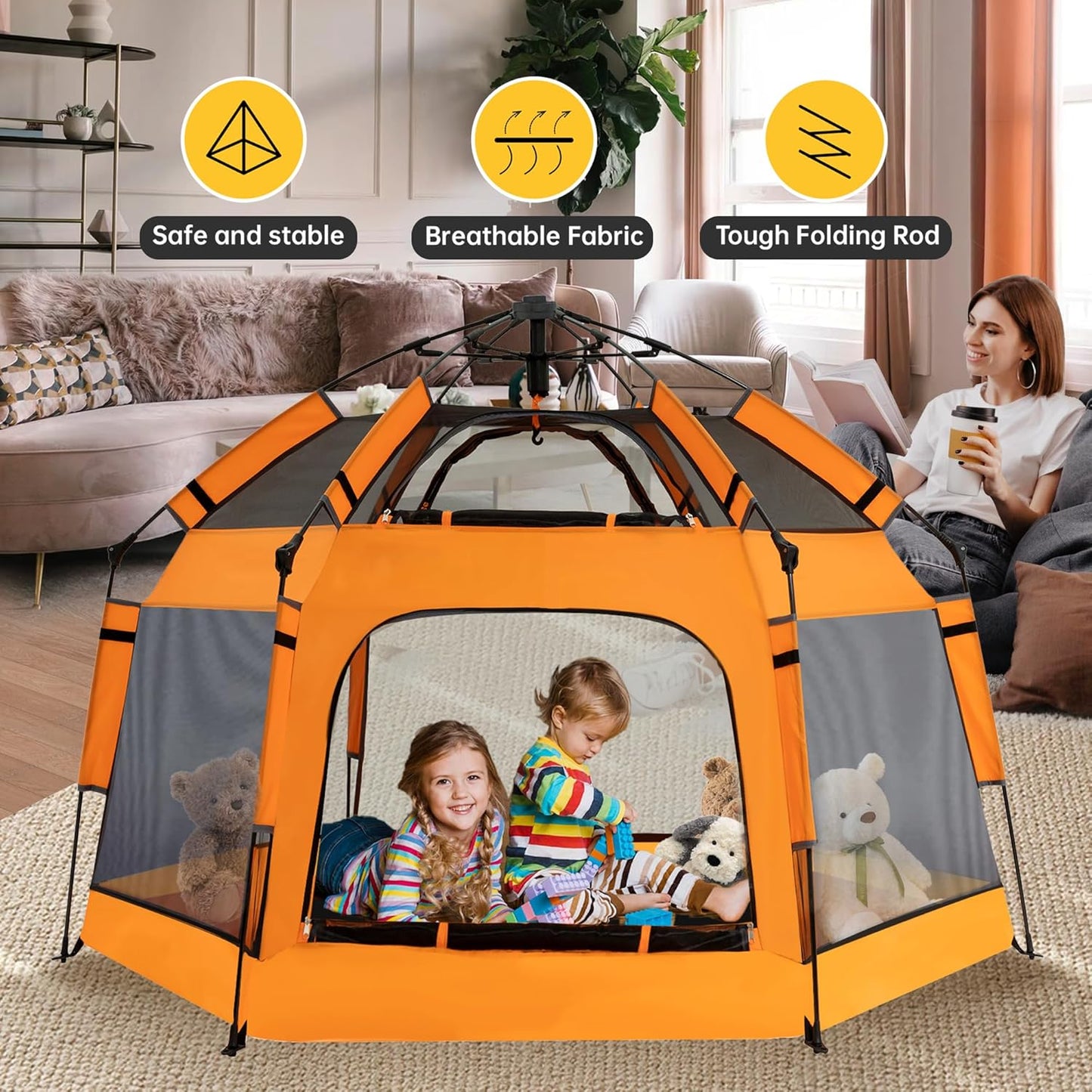 Instant Pop Up Baby Playpen with UV Canopy & Safety Lock, Portable Outdoor Beach Tent Play Yard for Toddlers, Breathable Mesh & Carry Bag, Indoor & Backyard Use (Orange)