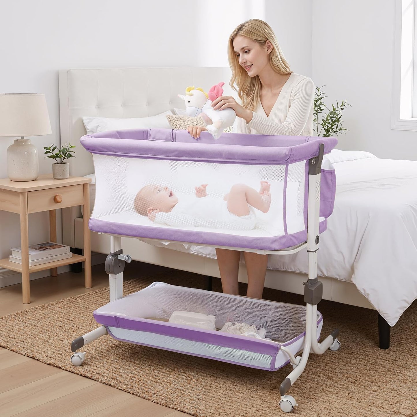 Baby Bassinet, Bedside Sleeper for Newborns Convertible Co-Sleeper Crib with Breathable Mesh, 6-Level Height Adjustment, Built-In Storage, Foldable Portable Bassinet for Home or Travel, Pink & Purple