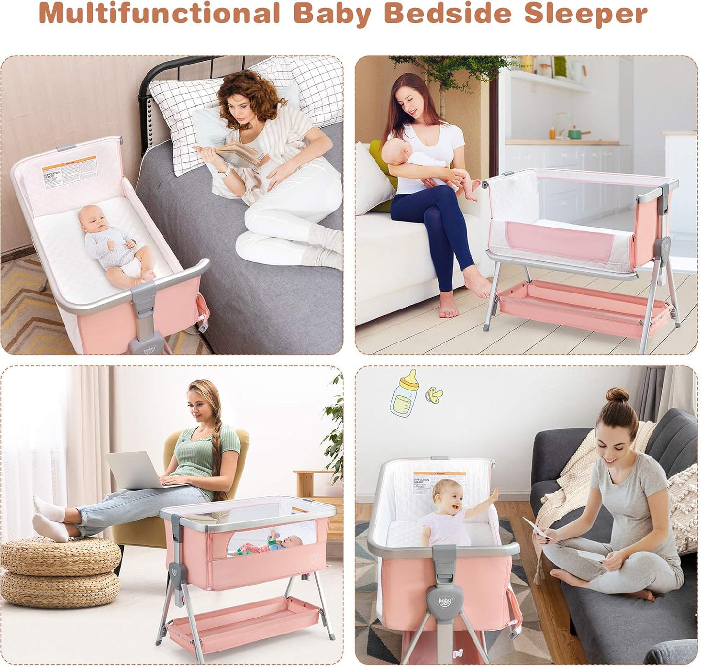 BABY JOY Bedside Bassinet, Portable Baby Crib w/Mattress, Two-Side Breathable Mesh, 7 Height Adjustable, Large Storage, Wheels for Easy Movement, Crib for Newborn Infant, Bassinet for Baby, Pink