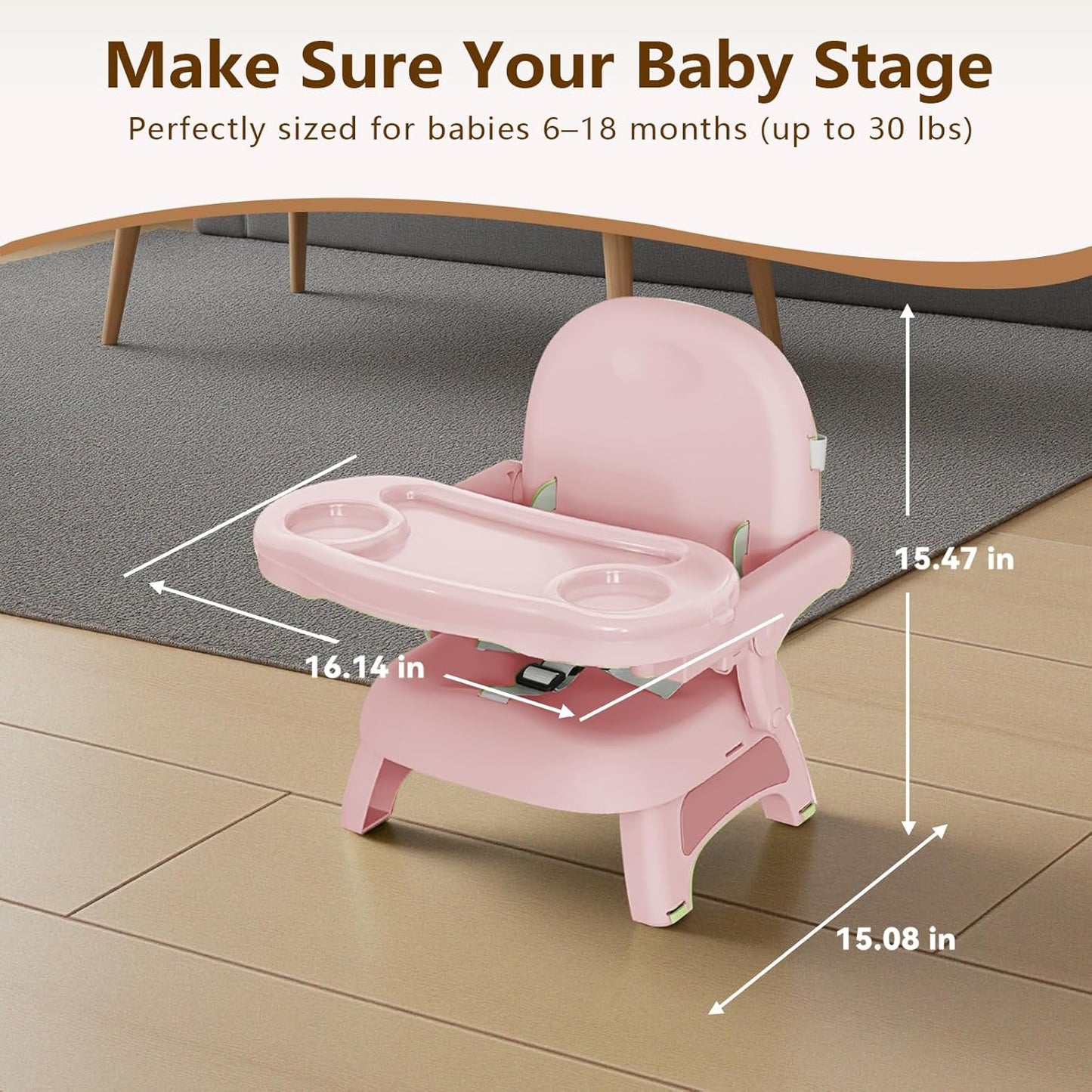 Booster Seat for Kitchen Chair, 3-in-1 Foldable & Portable Booster Seat with Tray, Extra Dishwasher-Safe Tray, Safety Straps for 6–18M (Up to 30 lbs), for Dining Table, Travel & Camping, Gray