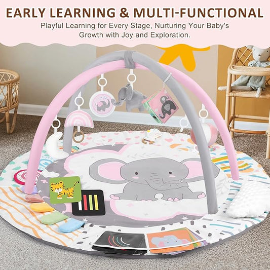 Baby Play Gym & Activity Mat, Tummy Time Mat with Cloud Toy, 7 Detachable Sensory Toys and Educational Cards for Motor Skills & Sensory Development, Baby Essentials Shower Gift, Pink Elephant