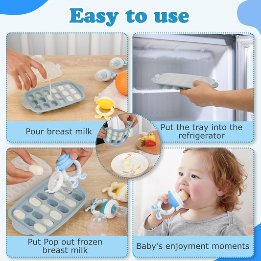 Baby Breastmilk Popsicle Molds & Baby Fruit Feeder (6 Pack), WAJIAYON Infant Food Freezer Tray Storage Containers, Silicone Teething Pacifier Feeder and Teether for Babies,Babies Feeder