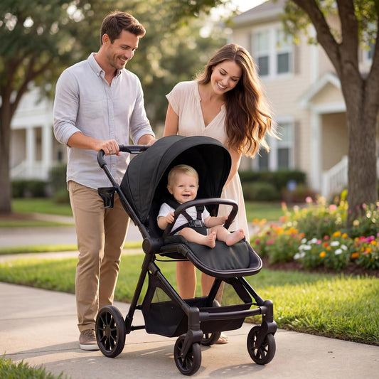 Lightweight High-View Baby Stroller, One-Hand Fold & Compact Storage, Convertible Seat, 5-Point Safety Harness, Foldable Infant Stroller, Grey