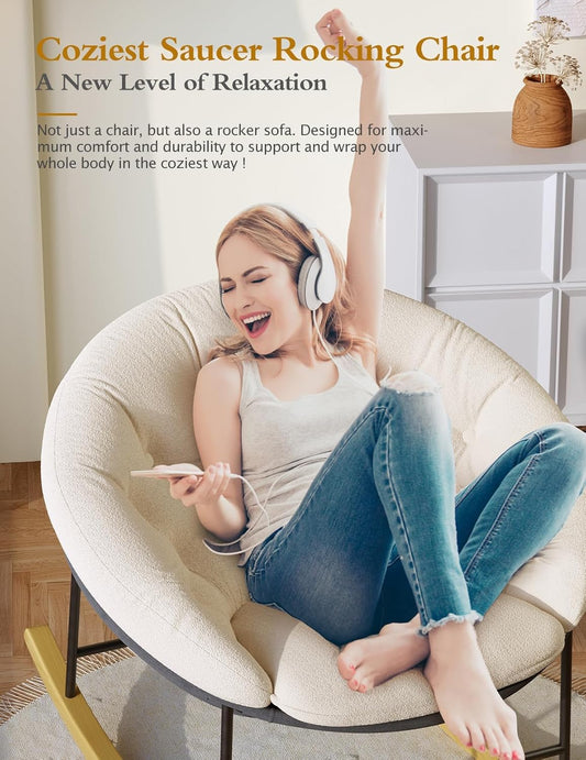 Kidirect Wide Rocking Chair Nursery, Comfy Saucer Nursery Rocking Chairs with Removable Cushion, Indoor Papasan Nursing Chair for Breastfeeding, Mecedora Para Adultos for Living Room & Bedroom (Cream)