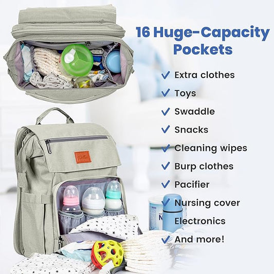 Baby Shower Gifts Diaper Bag Backpack, Baby Diaper Bag, Large Baby Bag for Boys & Girls, Waterproof, 16 Pockets, Insulated Bottle Holders, Durable,Travel-Friendly & Lightweight,Easy Organization,Beige