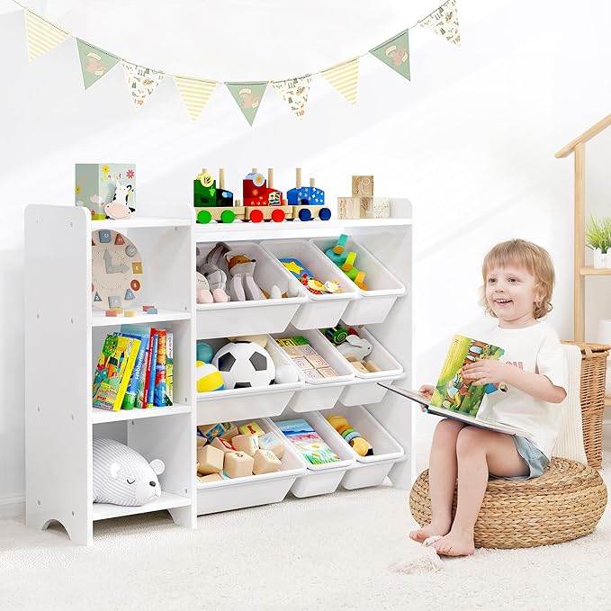 MallBest 4-Tier Kids' Toy Storage Organizer Shelf - 100% Solid Wood,Children's Storage Cabinet with 9 Plastic Bins and 3 Storage Ports(White-Single Color)