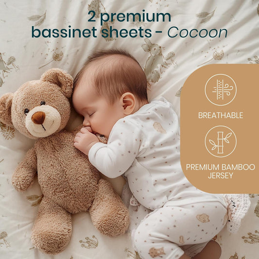 Tutti Bambini Premium Bassinet Sheets (2 Pack) - Soft & Breathable Bamboo Jersey, Double-Strength Bedside Sleeper Sheets, Fits Mattresses from 20.8 x 31.5 in to 23.6 x 35.4 in (Our Planet)