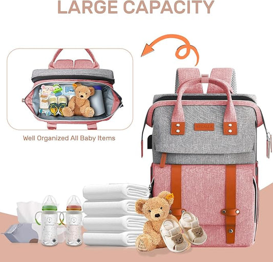 Diaper Bag Backpack with Changing Station, Large Diaper Bag, Multifunctional Diaper Bag, Baby Bag, PinkGray