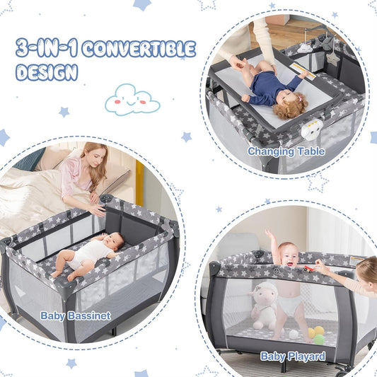 HONEY JOY Pack and Play, 3 in 1 Portable Baby Playard with Bassinet, Changing Table, Lockable Wheels, Music Box, Foldable Travel Baby Crib Nursery Center from Newborn to Toddler (Coffee Pink)