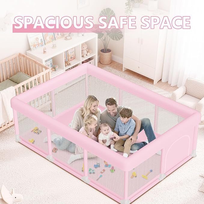 Hiaksedt Large Baby Playpen 74"x50", Baby Girl Play Pen for Babies and Toddlers Pink, Safe Structure and Soft, Skin-Friendly Fabric with Zipper Gates