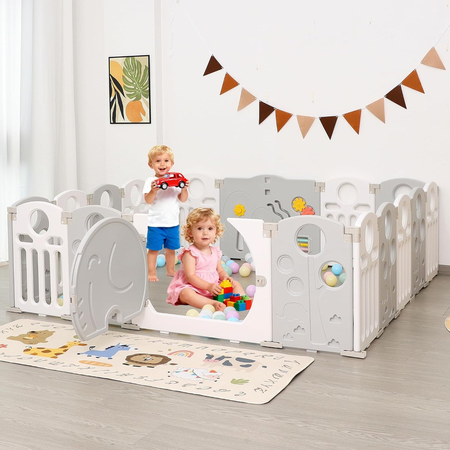 Baby Playpen, 14-Panel Foldable Play Pen for Babies and Toddlers, Indoor Outdoor Baby Fence with Sensory Play Panel, Adjustable Shape Activity Play Center, Portable & Easy Assemble