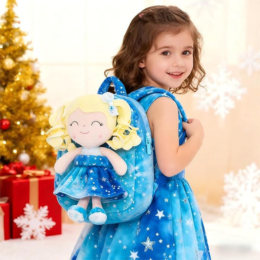 Gloveleya Toddler Backpack Baby Girl Gifts Plush Curly Girl Doll Backpacks Blue Dress with Glitter Stars 9 inches