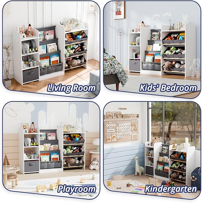 IKALIFE Kids Toy Book Storage Organizer - Large Bookshelf with 7 Removable Bins, Baby Bookshelf and Toy Storage, 4-Tier Book Shelf for Kids Room, Playroom, Classroom, 55 inch, Cream