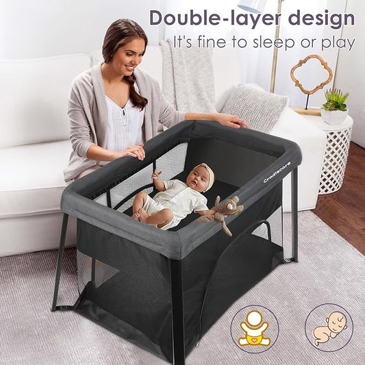 Pack and Play with Bassinet & Mattress, Lightweight Portable Baby Bed, Foldable Travel Bassinet Playard with Storage Bag, Easy Setup Playpen for Babies & Toddlers (Black)