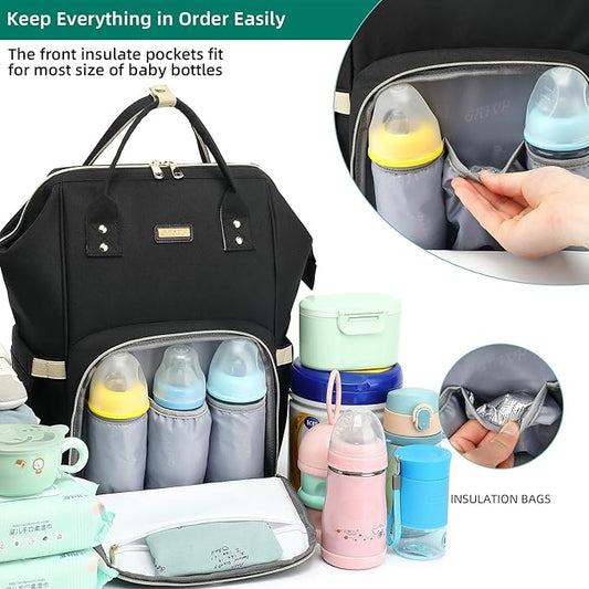 Diaper Bag Backpack, Diaper Bags for Baby Girls Boys, Baby Bags for Moms Dads, Nappy Changing Bag with Insulated Pockets,Multi-functional Waterproof Backpack with Stroller straps-Black