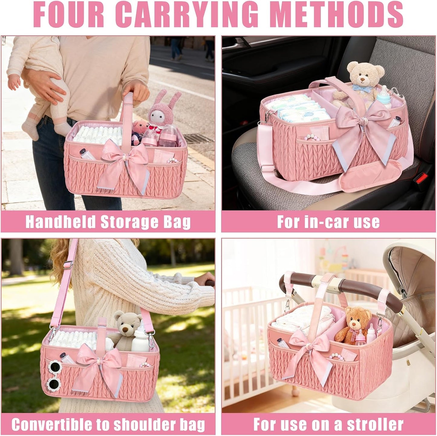 Baby Diaper Caddy Organizer - Large diaper basket with Adjustable Shoulder Strap, Portable Car Travel Tote Bag with Stroller Clips, Essential Newborn Girl Registry Gift, Pink
