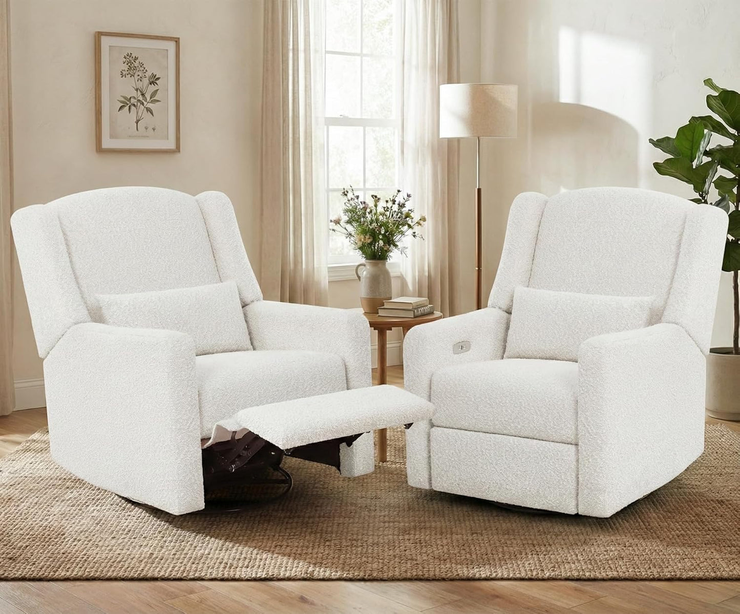 Power Glider Recliner Nursery Chair w/USB Ports, Soft Chenille Glider Rocking Chair with Ottoman, Swivel Glider Chair with Lumbar Pillow for for Nursery, Blue