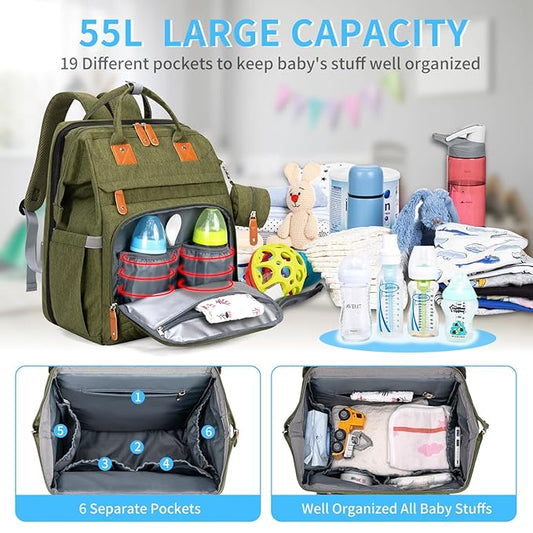 KABAQOO Diaper Bag Backpack with Detachable Changing Station, Large Capacity Baby Diaper Bags for Boys & Girls, Baby Registry Search Stuff & Shower Gifts, Newborn Essentials Must Haves, Army Green