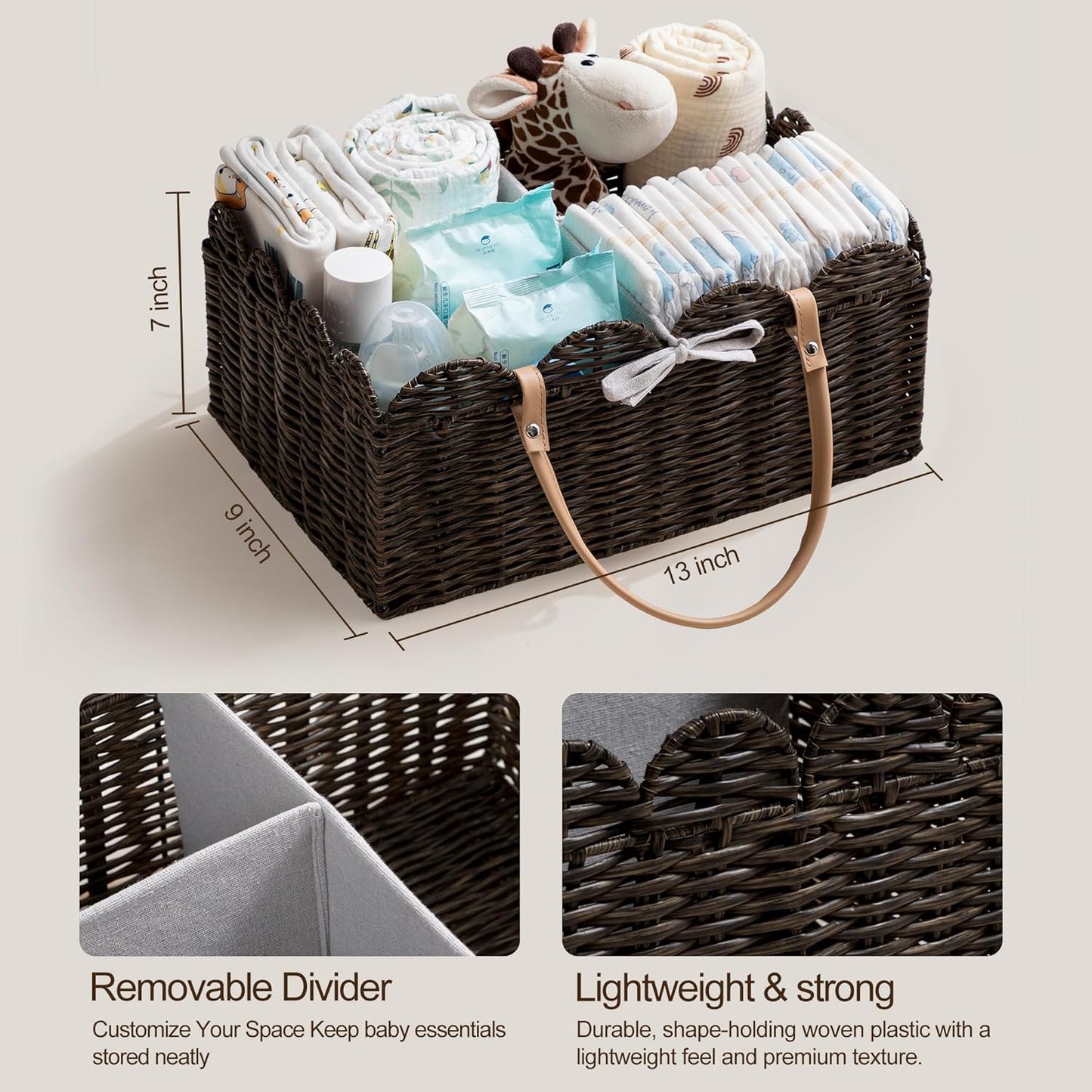 HBlife Baby Diaper Caddy Organizer, Large Portable Scalloped Plastic Wicker Woven Basket with Divider, Nursery Diaper Station, Baby Shower Gifts Basket, Car Organizer, Washable Waterproof