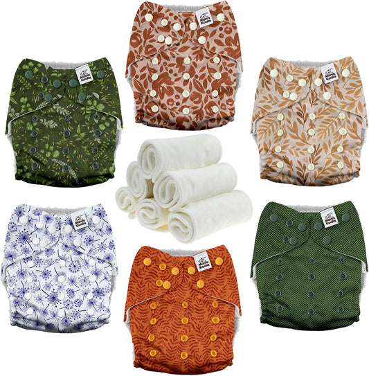 MK 3.0 Baby Cloth Diapers with 6 Inserts Bundle, with Bboo Liners, 5-Layer Bboo Inserts (6 Pack), Wet Bags and Pail Liners.