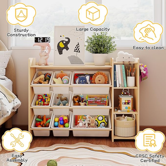 GITAWUSA Kids Toy Storage Organizer, Wooden Shelf with 3 Tiers and 9 Storage Bins, Nursery Room Organizer for Books and Toys, White and Natural Wood