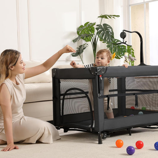 4 in 1 Pack and Play, Portable Travel Baby Bassinet, Foldable Travel Playard Playpen for Toddler, Bedside Crib Sleeper, Diaper Changer Table, Baby Playard for Newborn (Black)