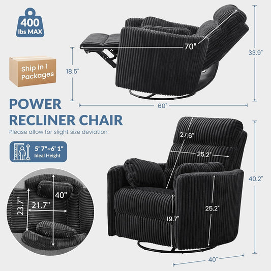 40" Power Swivel Rocker Recliner Chair, Oversized Recliner with Electric Headrest, Extra Wide Nursery Chairs, Comfy Corduroy Nursery Recliner Chair with USB/Type-C for Living Room,Bedroom,Office