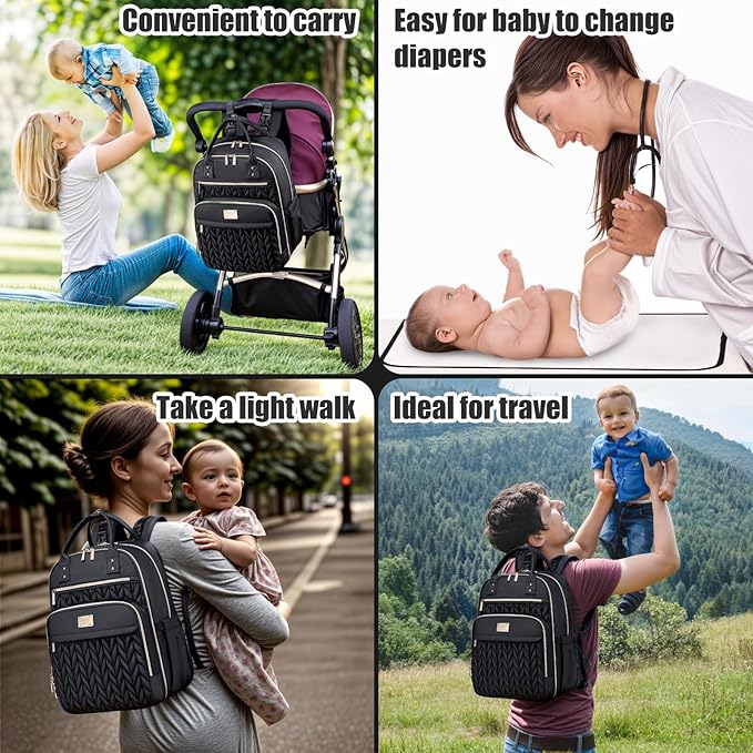 Tealari Diaper Bag Backpack,Stylish Baby Diaper Bag,Waterproof Travel Diaper Backpacks Baby Bags with Changing Pad,Stroller Straps,Insulated Pockets (Black)
