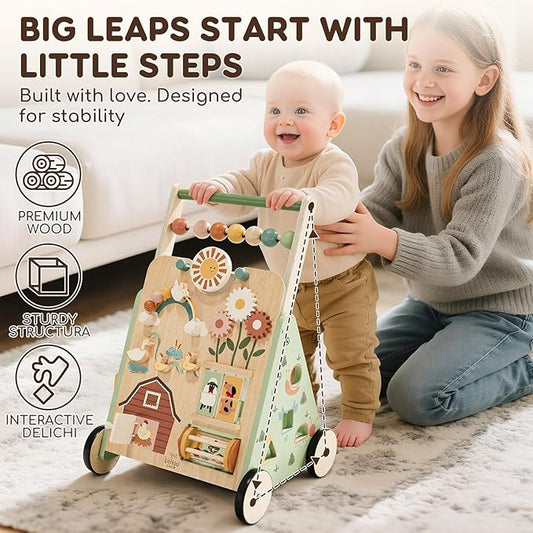 Lehoo Castle Wooden Baby Walker, Adjustable Speed Montessori Walker with Activity Center for Boys Girls, Baby Push Walker Toys for 1 Year Old Learning to Walk