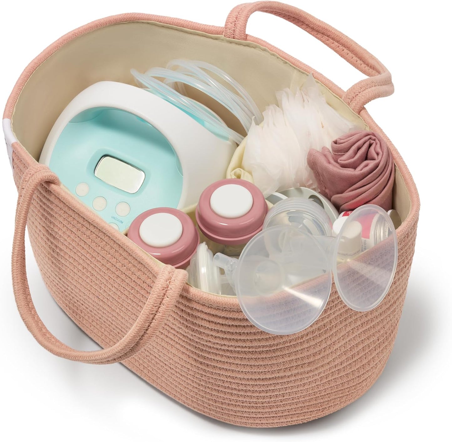 Natemia Diaper Caddy Organizer - Portable Rope Handles & 3 Compartments for Baby Items - Storage Basket for Newborn Essentials - Fits Spectra Breast Pump & Accessories - Registry Must Have (Beige)
