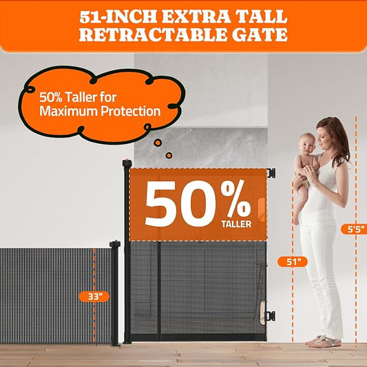 Pawtners Retractable Baby Gates Extra Wide, Dog Gate Indoor with Cat Door for Stairs, Pet Gate with Support Rods for Doorways Hallways Indoor & Outdoor,51" Tall x 200" Wide