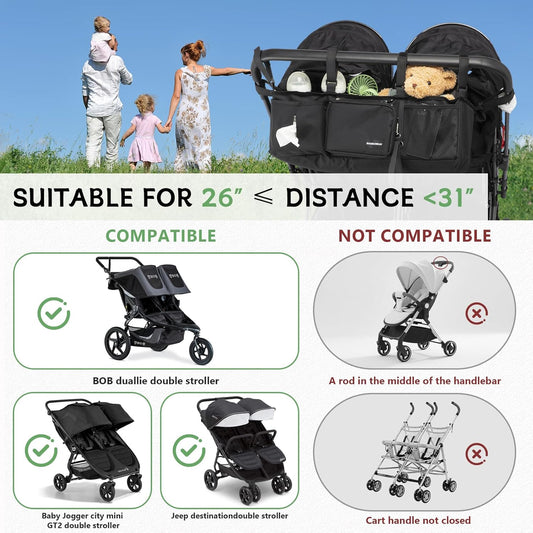 Double Stroller Organizer for Bob Duallie with 2 Insulated Cup Holders & Cooler Bag, Baby Jogger City Mini Gt2 Jeep Double Stroller Caddy Accessories, Universal Parent Console Stroller Organizer