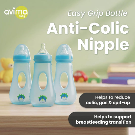 Avima Easy Grip Anti Colic Baby Bottles, BPA Free, 8 oz. Wide Neck w/Medium Flow Silicone Nipples & Bottle Brush Pink Set (Pack of 3)