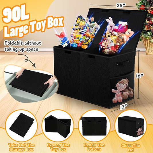 Large Toy Storage Box with Lid Divider, Sturdy Collapsible Toys Organizer Chest Kids Storage Bins Boxes Baskets for Boys, Girls, Nursery, Bedroom, Living Room, Playroom, 25"x13"x16", Black