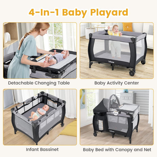 INFANS 4 in 1 Pack and Play, Portable Travel Baby Playard with Bassinet, Changing Table, Canopy, Mosquito Net, Hanging Toys, Music Box, Storage Bag, Large Playpen from Newborn to Toddlers (Pink)