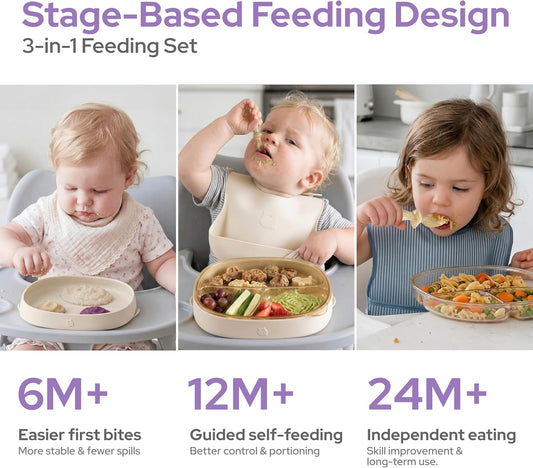 3-in-1 Baby Suction Plates for Toddlers 6-36 Months - Premium Bottle-Grade PPSU Silicone Divided Dishes, Stage-Based Self-Feeding Supplies, BPA Free Stain & Odor Resistant, Microwave Dishwasher Safe