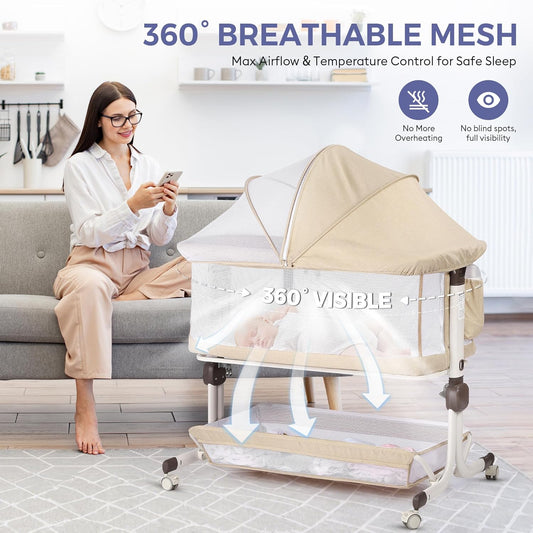 MOMFANN Baby Bassinet Bedside Sleeper, Upgraded Stability Bedside Crib with Full Mesh Sides, Soft Sheet, 6-Height Adjustment, Storage Basket, Easy Folding Portable Bassinet for Newborns, Gray
