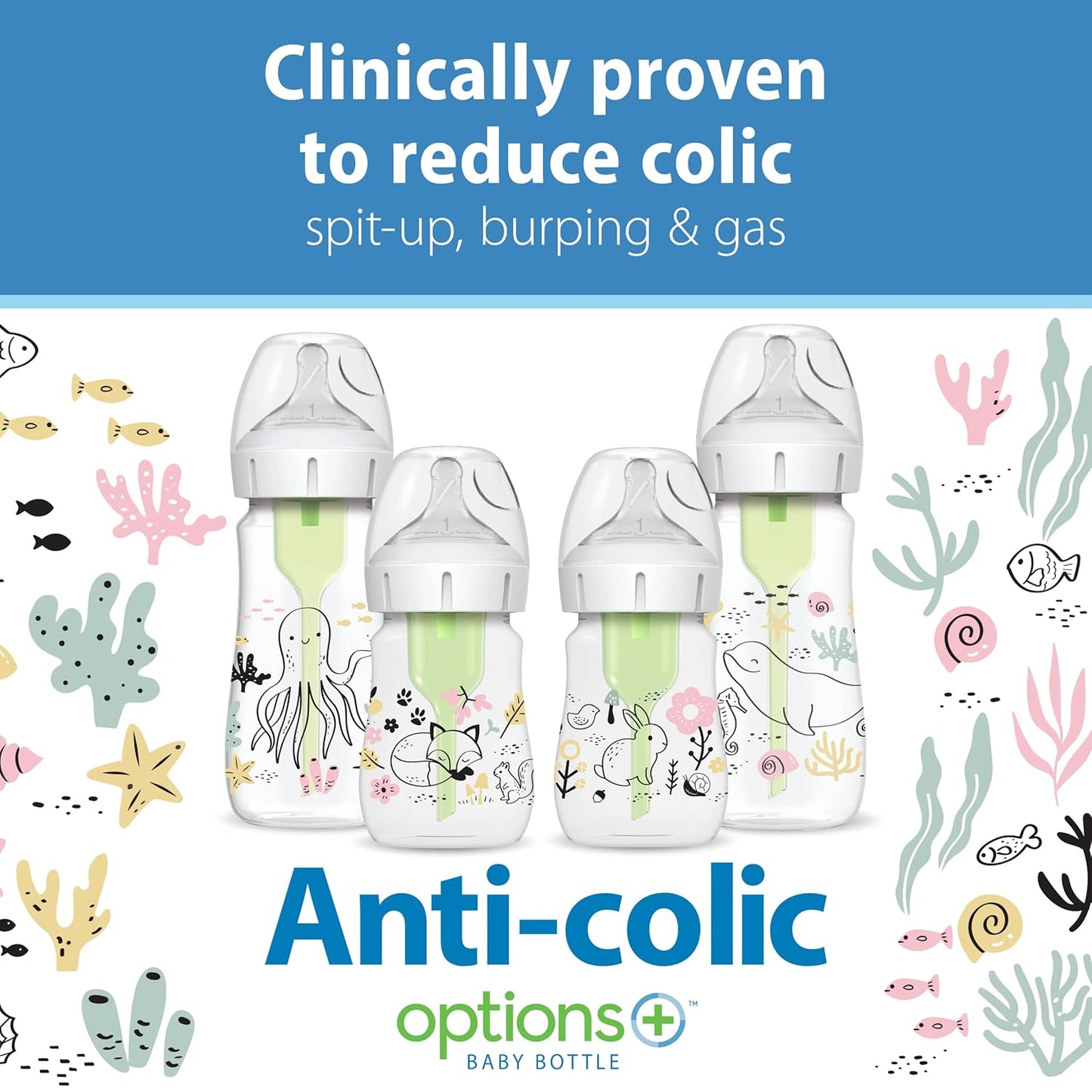 Dr. Brown's Anti-Colic Options + Wide-Neck Baby Bottle Designer Edition Dino Decos, 9oz/270mL, Level 1 Slow Flow Nipple, BPA-Free, 0m+, 2-Pack
